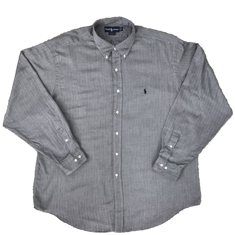 Ralph Lauren Button Down Shirt XXL Navy Herringbone Long Sleeve Pony 17.5 36/37 - Picture 2 of 10